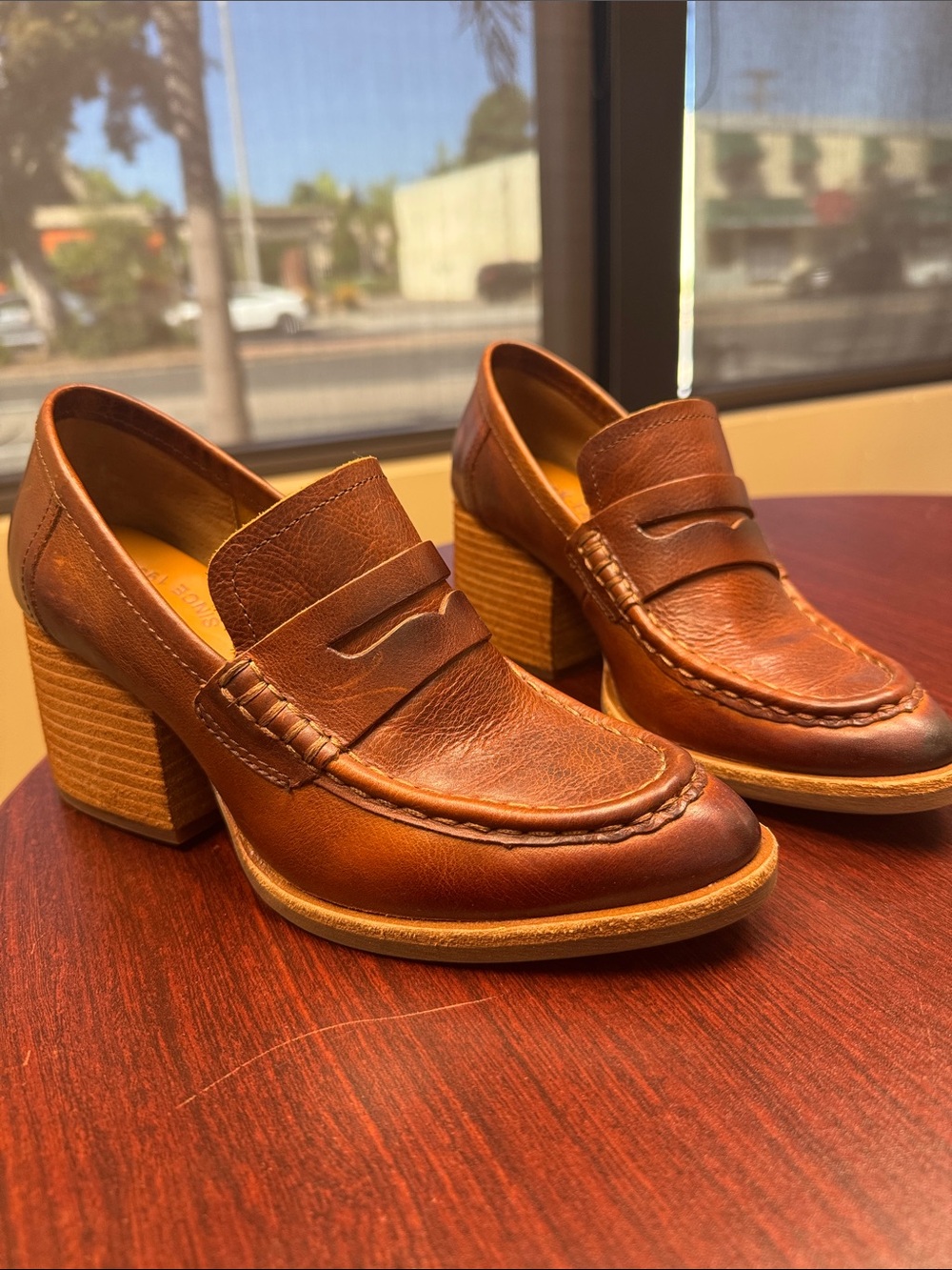 Kork-Ease Women's Cognac Leather Penny Loafers with Stacked Block Heel